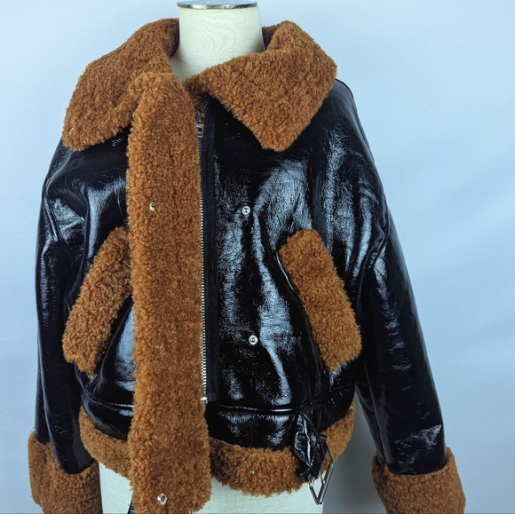BLANK NYC Moto Jacket Vegan Patent Leather Faux Shearling Black Copper M NWT - Picture 13 of 14